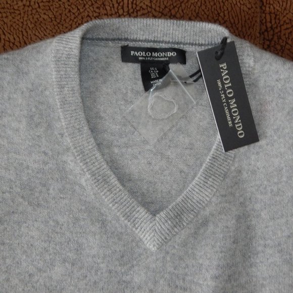 NWT Men’s PAOLO MONDO Luxury 2-PLY Cashmere V-NECK Knit Light Gray Sweater SMALL - Picture 7 of 7